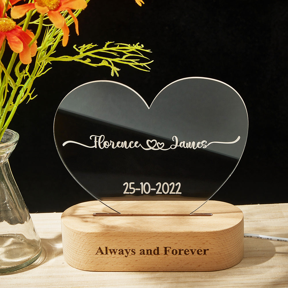 Heart Shaped Acrylic Plaque Personalized Name and Date Night Light