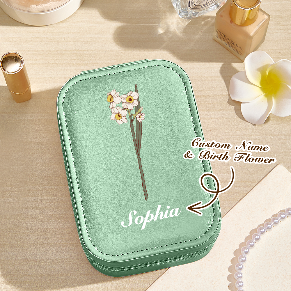 Personalized Birth Flower PU Leather Jewelry Box with LED Makeup Mirror Birthday Gift for Her