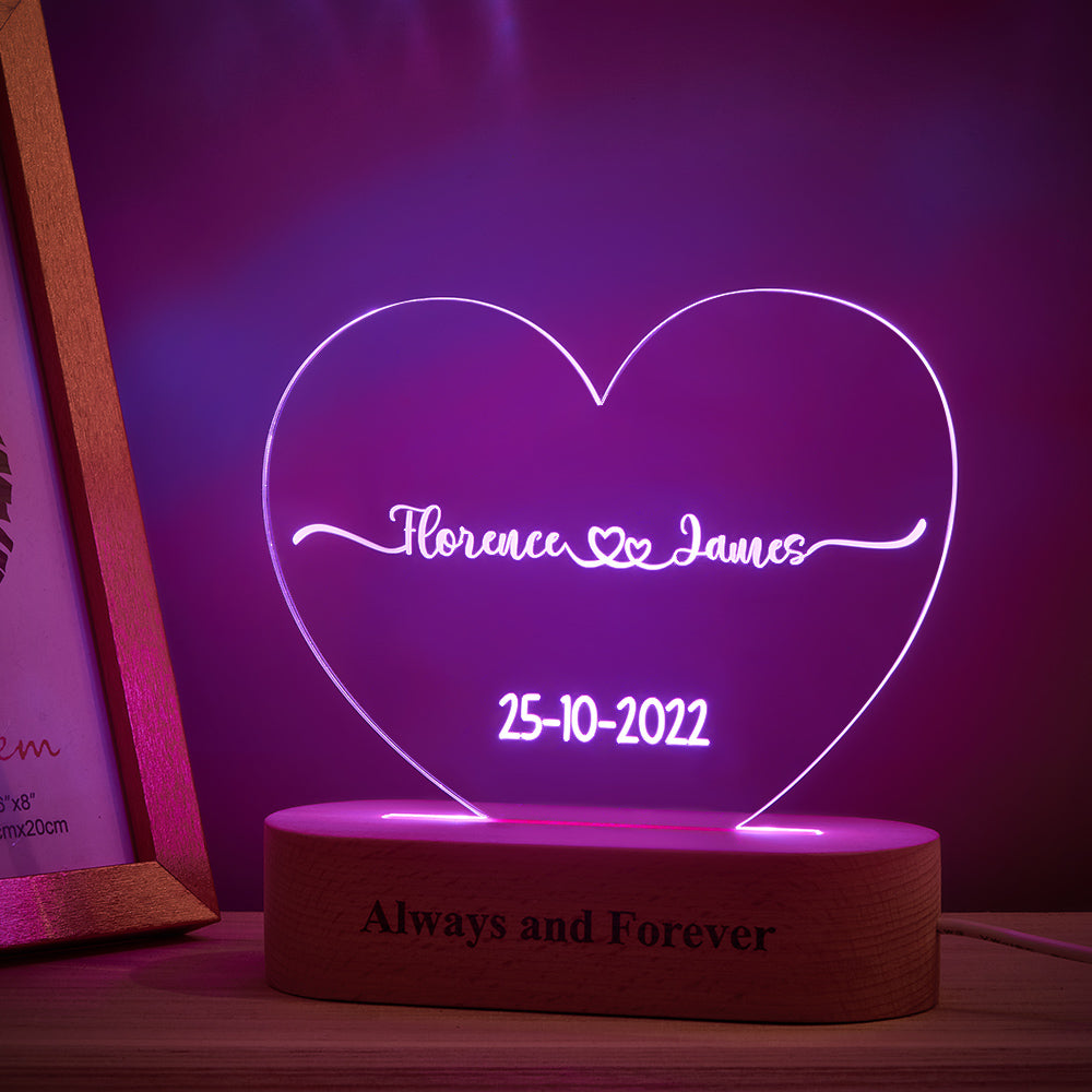 Heart Shaped Acrylic Plaque Personalized Name and Date Night Light