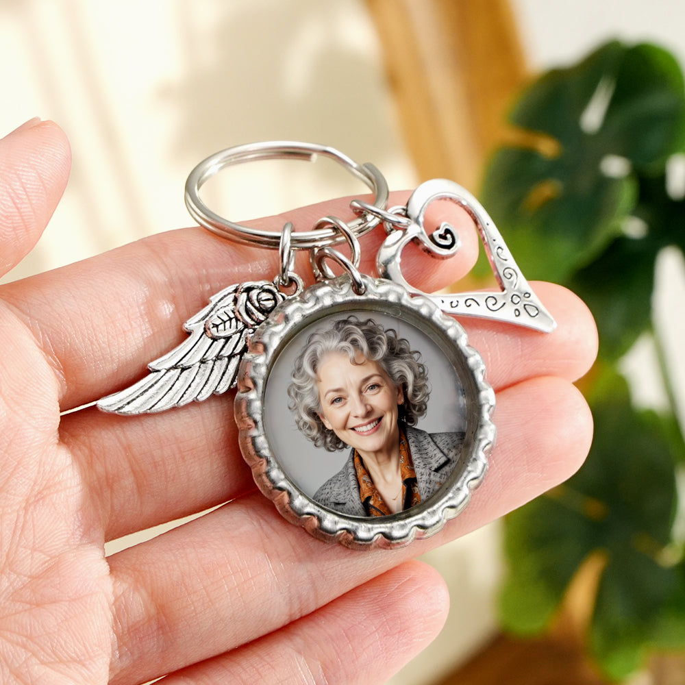 Personalized Photo Keychain with Text Heart Wing Keychain Memorial Gift