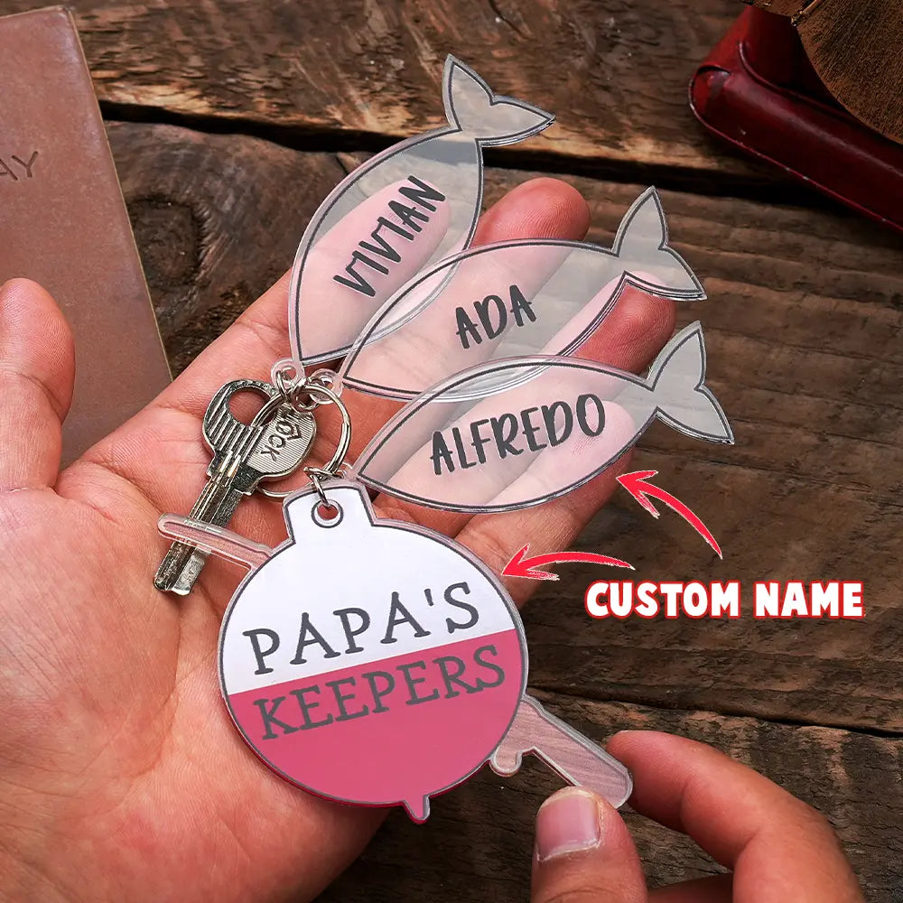 Personalized Papa's Keeper Fishing Rod Acrylic Keychain Gift for Dad Grandpa