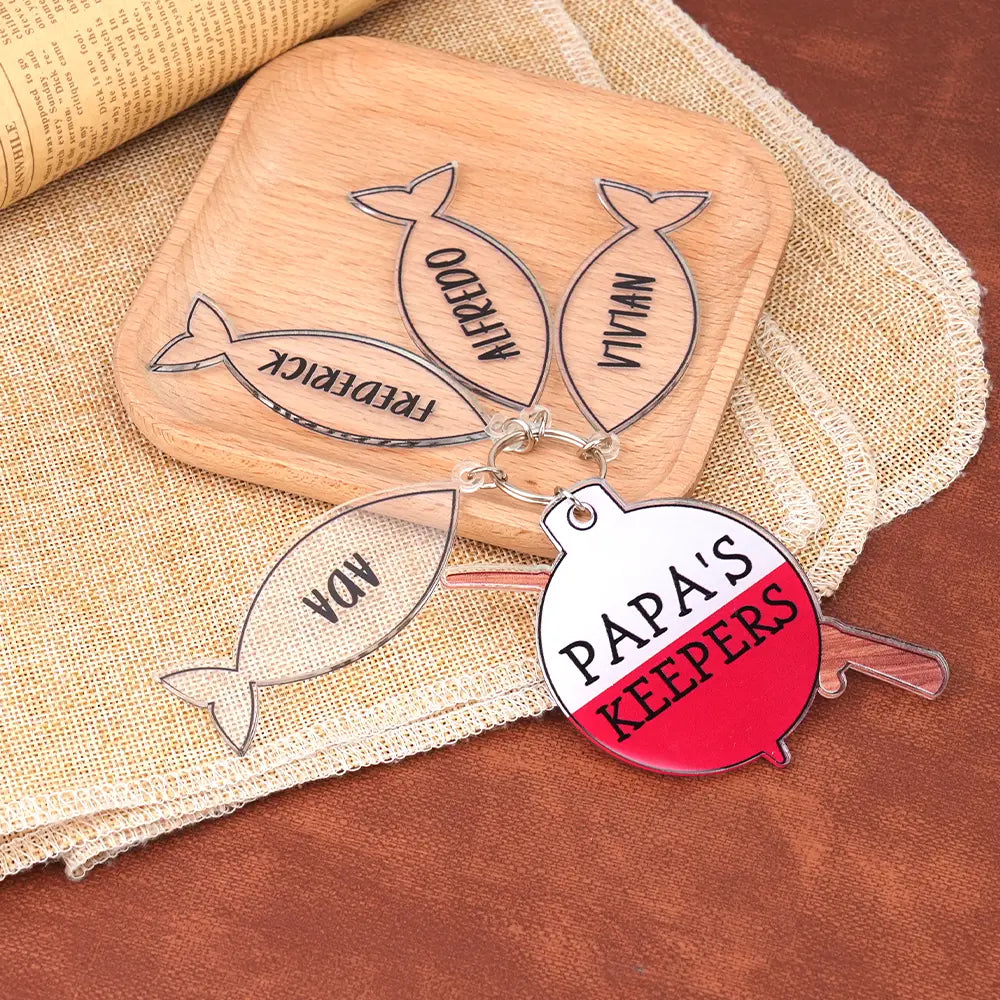 Personalized Papa's Keeper Fishing Rod Acrylic Keychain Gift for Dad Grandpa