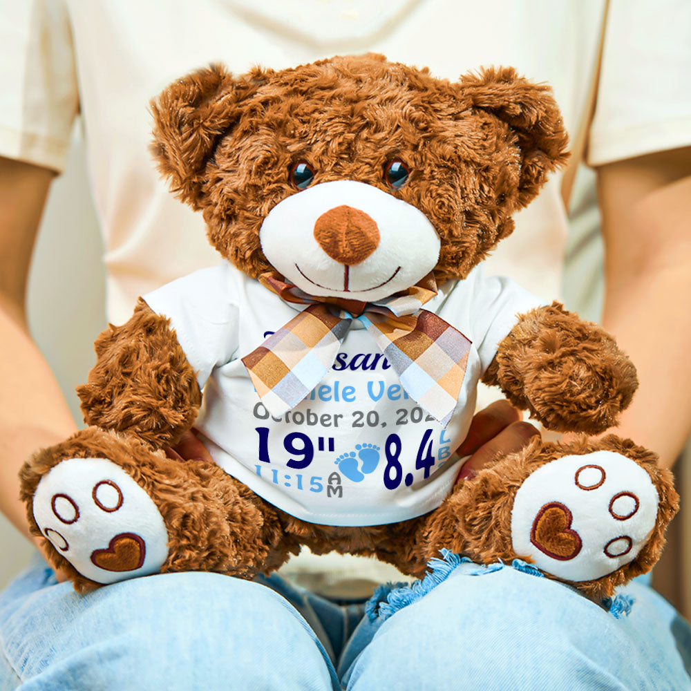 Personalized Bear Plush Stuffed Toy Birth Announcement Gift for Baby Shower