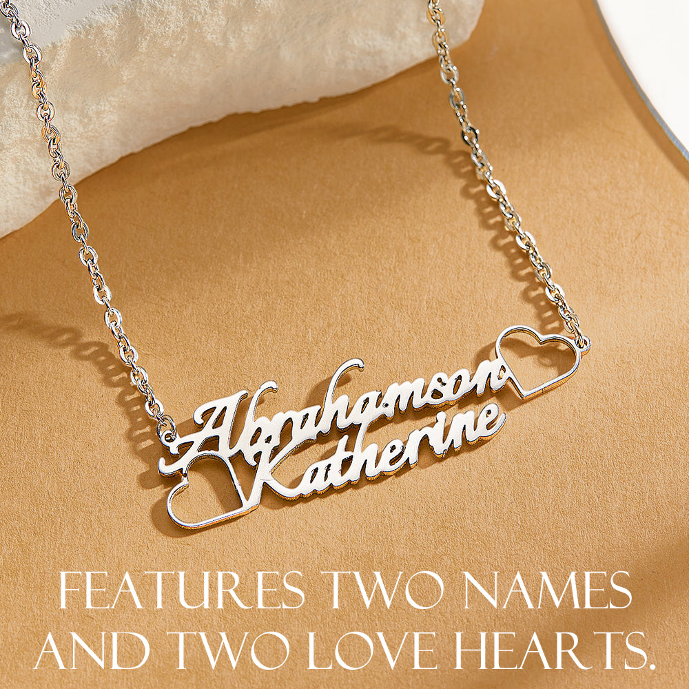 Personalized Name Necklace with Two Love Hearts Wedding Gift for Bride