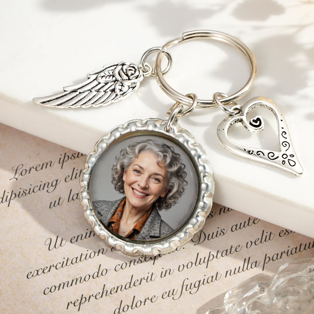 Personalized Photo Keychain with Text Heart Wing Keychain Memorial Gift