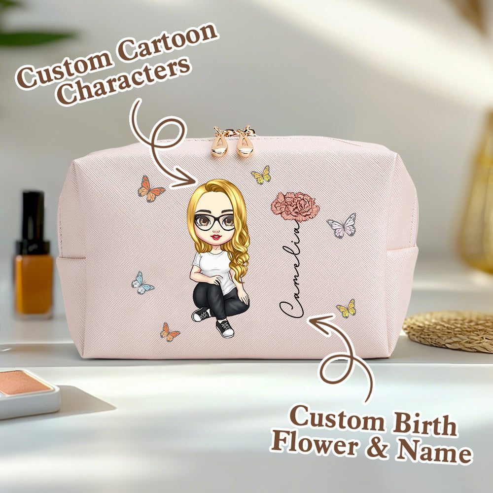 Personalized Cartoon Character Makeup Bag with Birth Flower PU Leather Cosmetic Bag Gift for Her