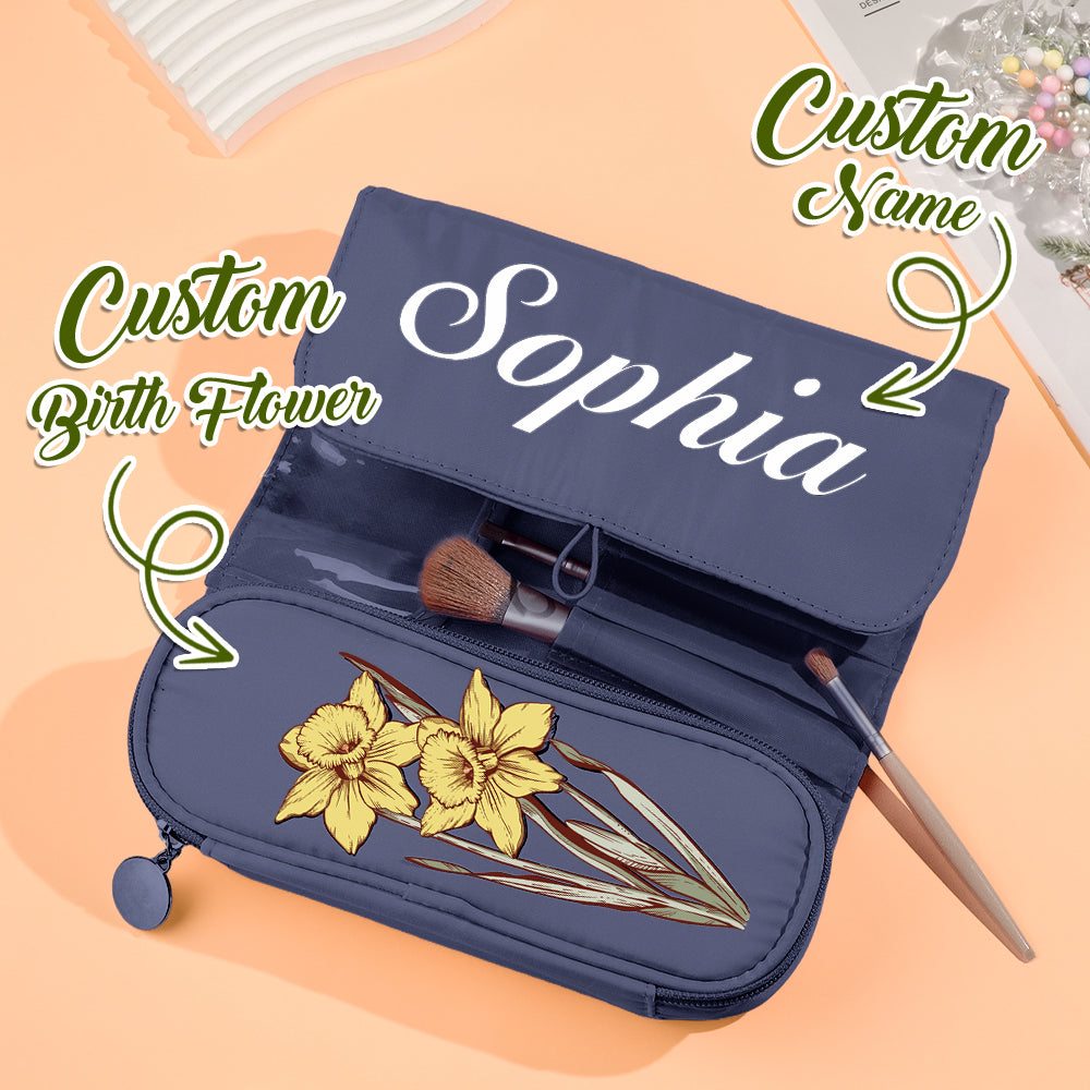 Personalized Birth Flower Makeup Brush Bag with Name Cosmetic Bag Birthday Gift for Women