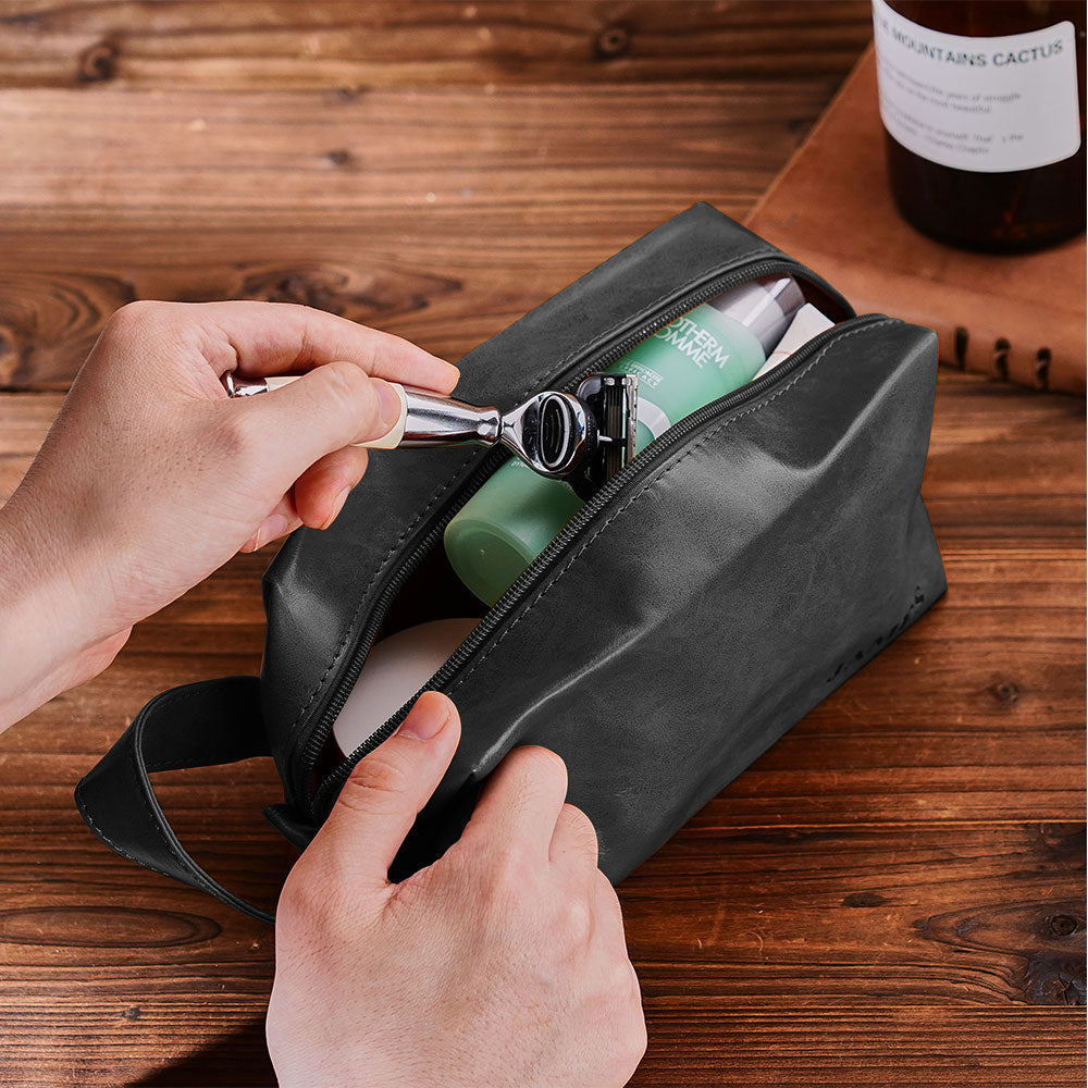 Custom Name Engraved Men's Toiletry Travel Storage Bag PU Leather Bag