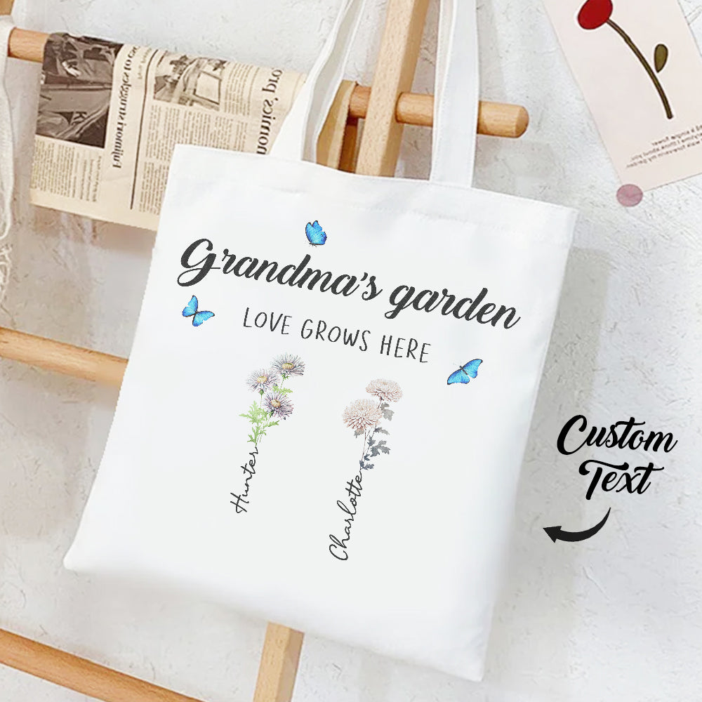 Personalized Birth Month Flowers Grandma's Garden Tote Bag Mom's Garden Tote Bag With Kids Names Gift For Grandma