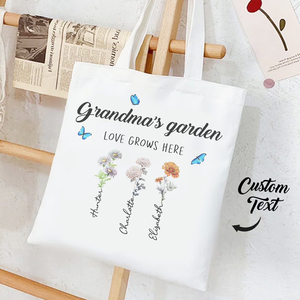 Personalized Birth Month Flowers Grandma's Garden Tote Bag Mom's Garden Tote Bag With Kids Names Gift For Grandma