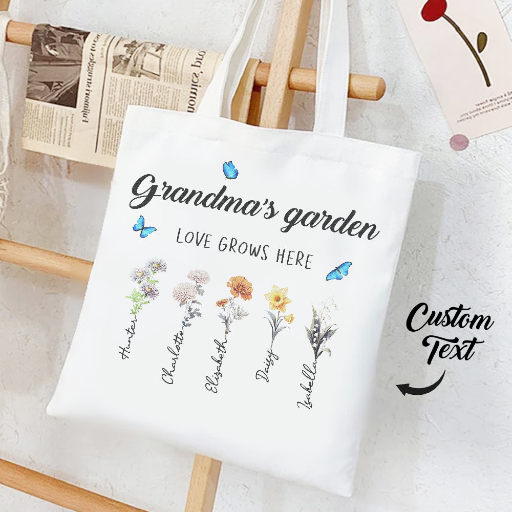 Personalized Birth Month Flowers Grandma's Garden Tote Bag Mom's Garden Tote Bag With Kids Names Gift For Grandma