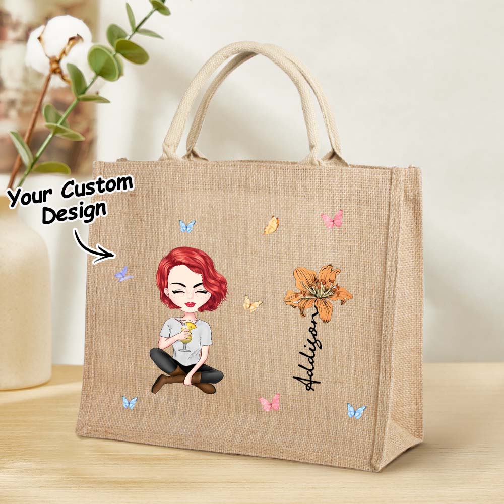 Personalized Cartoon Women Girl Birth Flower Grandma's Garden Jute Tote Bag with Name Wedding Birthday Gift for Her