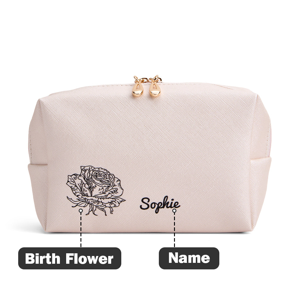 Personalized Birth Flower Makeup Bag Large Capacity Leather Cosmetic Bag Gift for Her