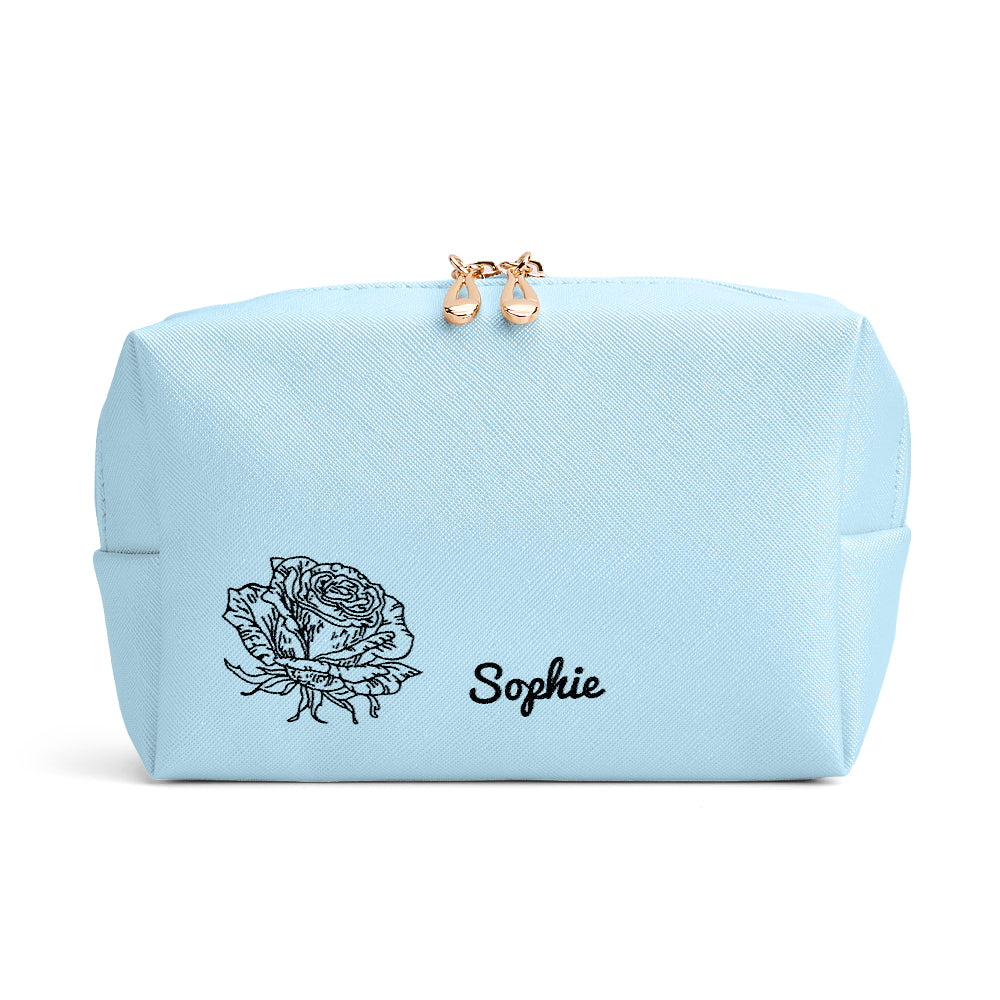 Personalized Birth Flower Makeup Bag Large Capacity Leather Cosmetic Bag Gift for Her