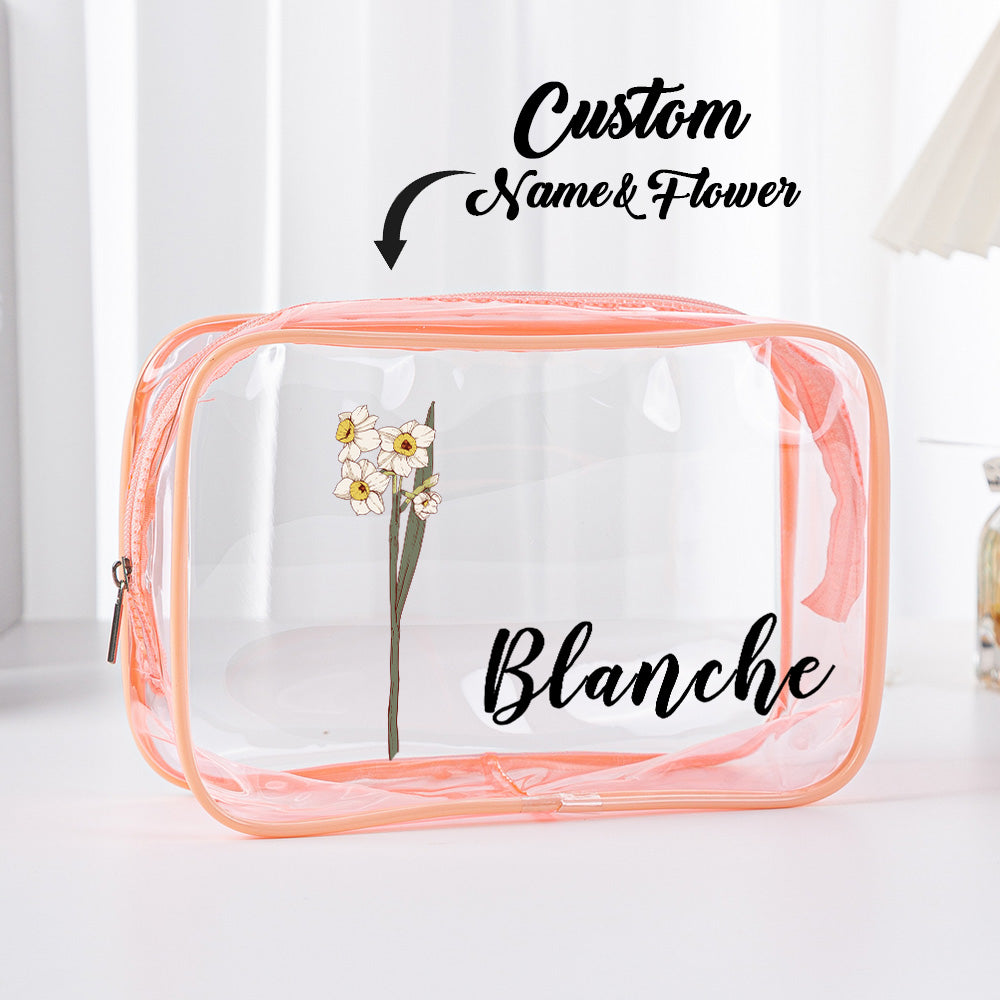 Personalized Birth Flower Clear Makeup Bag Waterproof Cosmetic Bag Wedding Travel Gift for Her