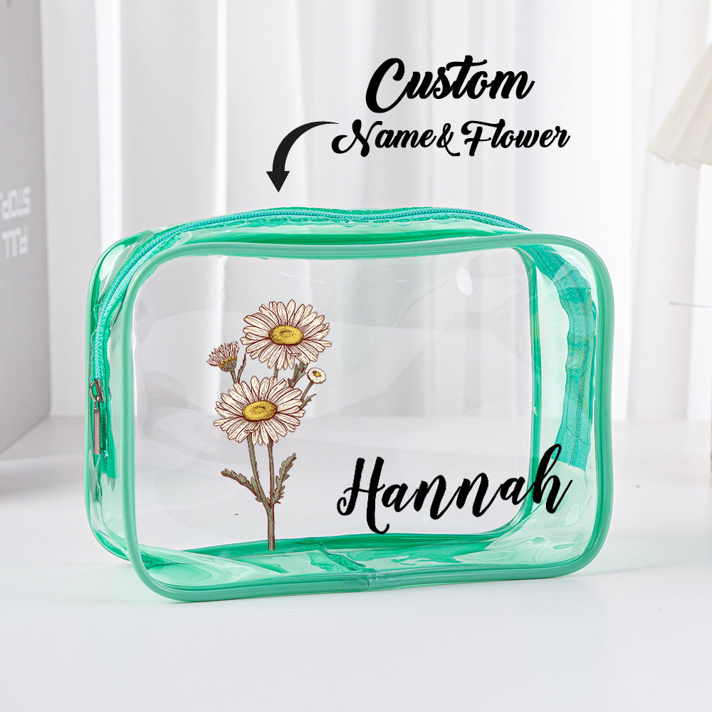 Personalized Birth Flower Clear Makeup Bag Waterproof Cosmetic Bag Wedding Travel Gift for Her