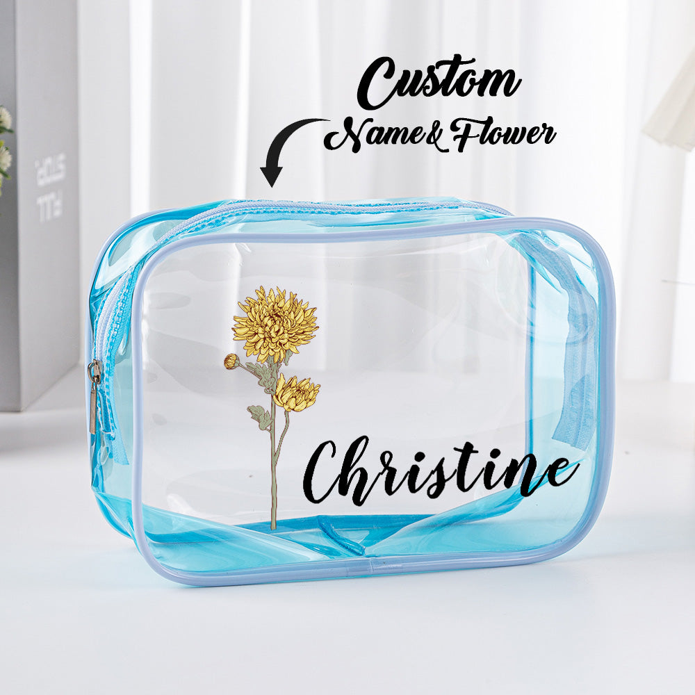 Personalized Birth Flower Clear Makeup Bag Waterproof Cosmetic Bag Wedding Travel Gift for Her