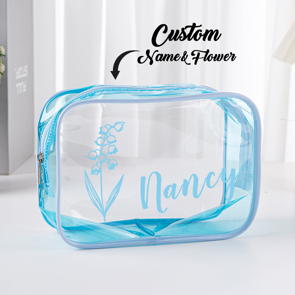 Personalized Birth Flower Name Clear Makeup Bag Birthday Wedding Travel Gift for Her