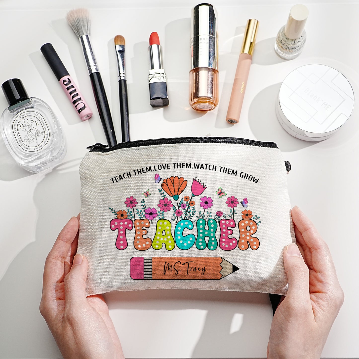 Personalized Flower Pencil Canvas Makeup Bag with Name Appreciation Back to School Gift for Teacher