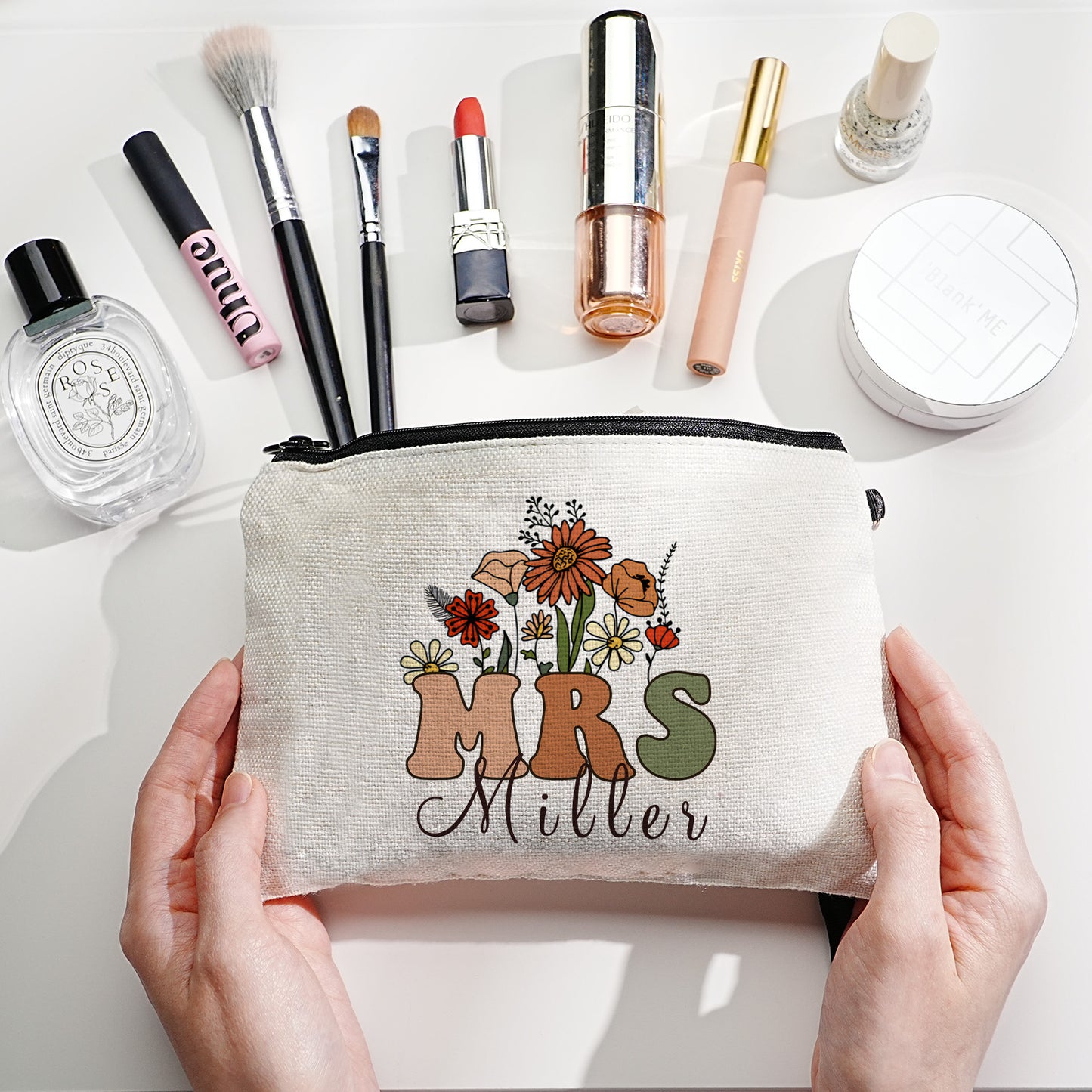 Personalized Flower Pencil Canvas Makeup Bag with Name Appreciation Back to School Gift for Teacher