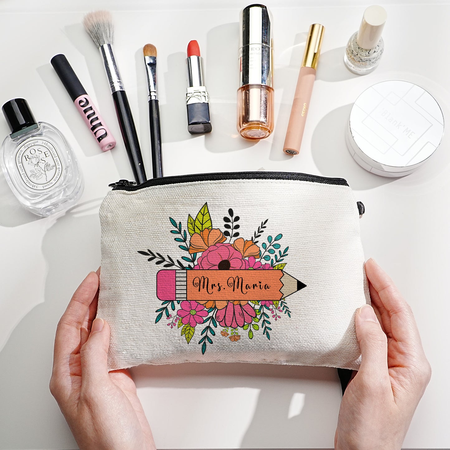 Personalized Flower Pencil Canvas Makeup Bag with Name Appreciation Back to School Gift for Teacher