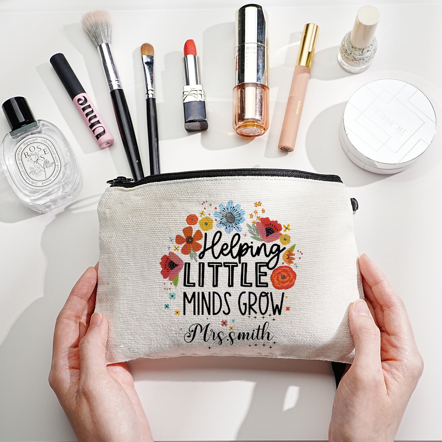 Personalized Flower Pencil Canvas Makeup Bag with Name Appreciation Back to School Gift for Teacher