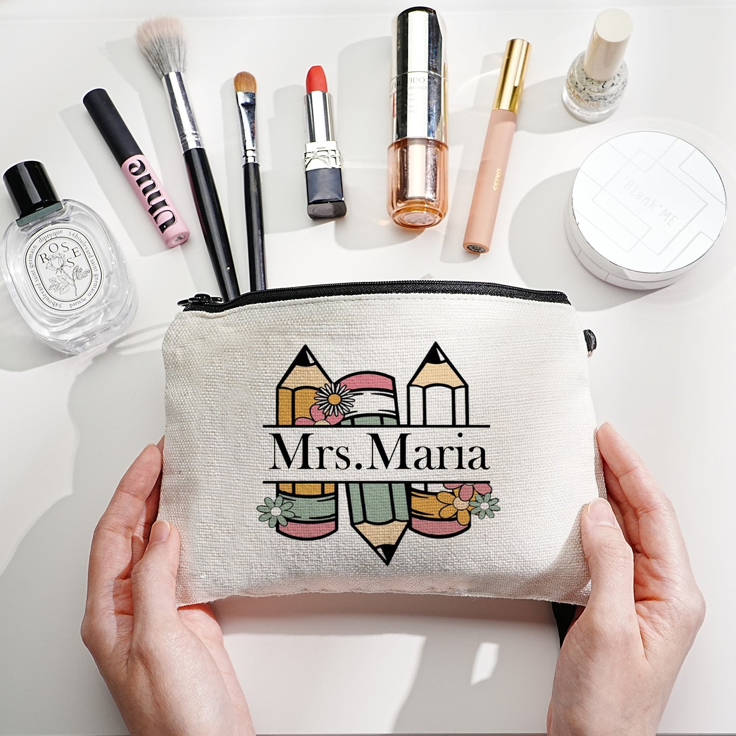 Personalized Flower Pencil Canvas Makeup Bag with Name Appreciation Back to School Gift for Teacher