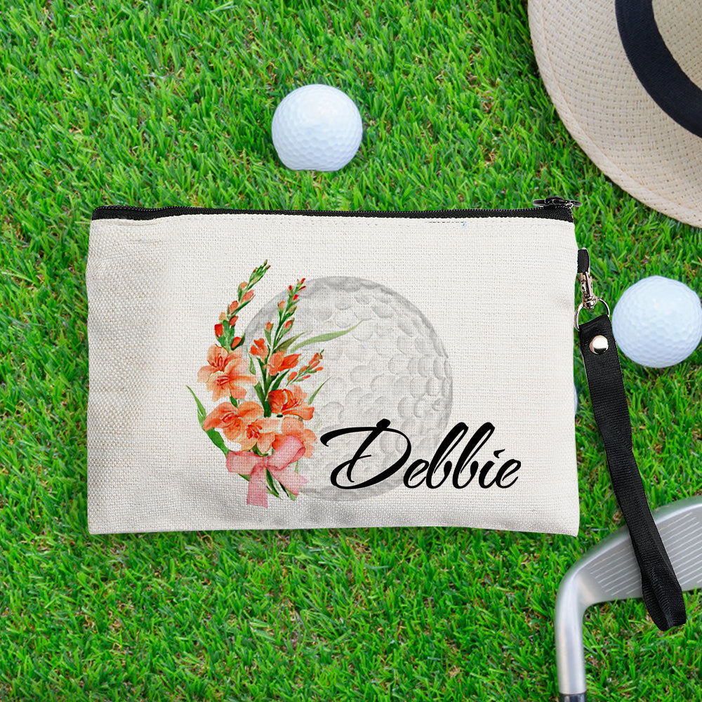 Custom Name Birth Flower and Golf Ball Design Canvas Makeup Bag - Personalized and Unique