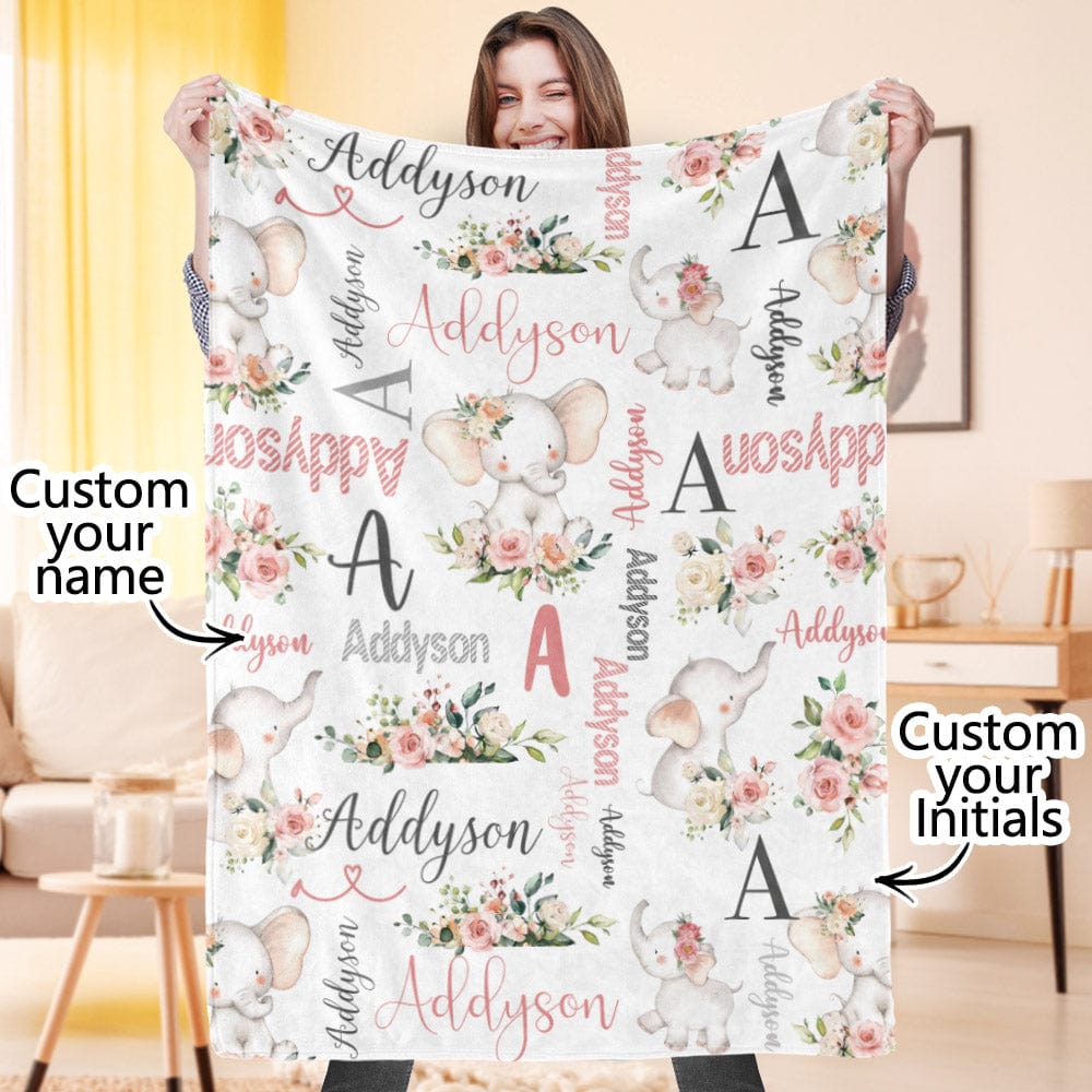 Custom Floral Cute Elephant Blanket with Name Christmas Birthday Baby Shower Gift for Baby Kid Family