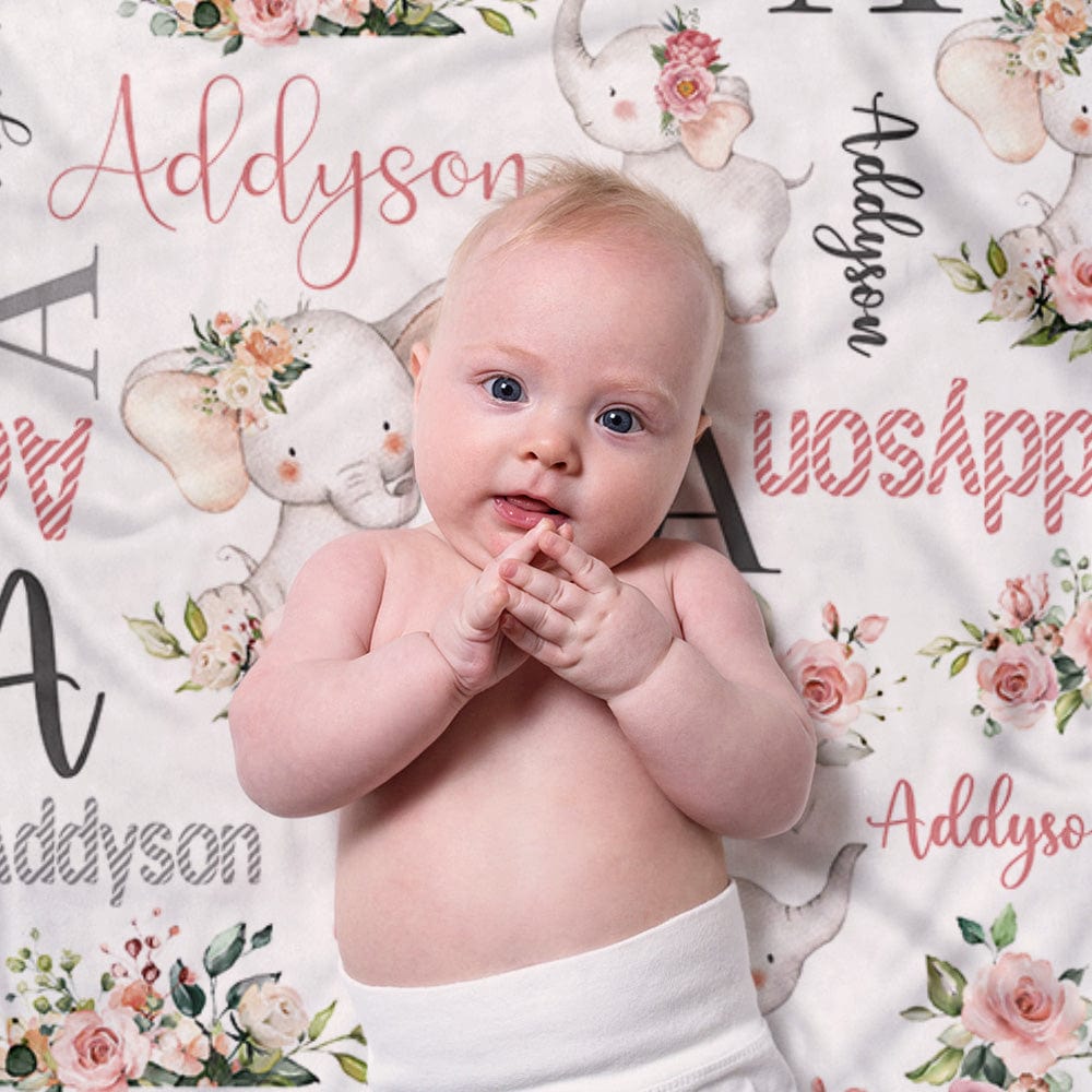 Custom Floral Cute Elephant Blanket with Name Christmas Birthday Baby Shower Gift for Baby Kid Family