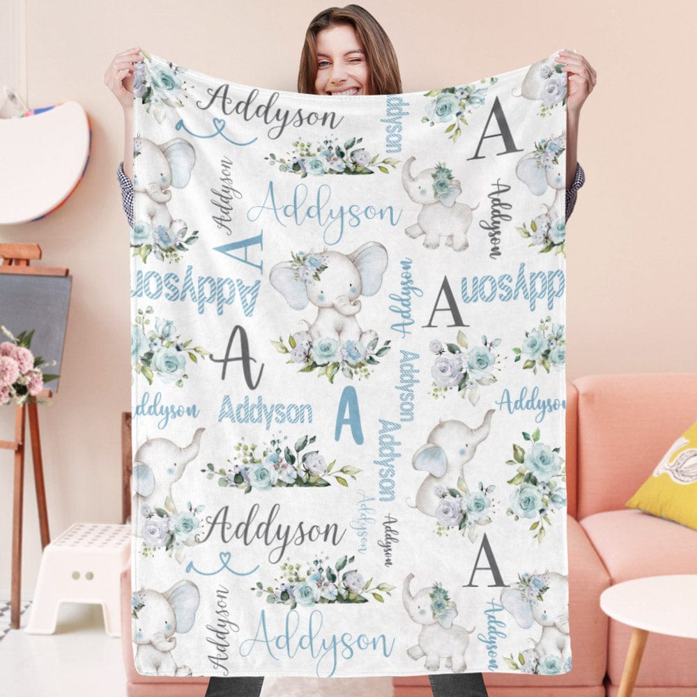 Custom Floral Cute Elephant Blanket with Name Christmas Birthday Baby Shower Gift for Baby Kid Family