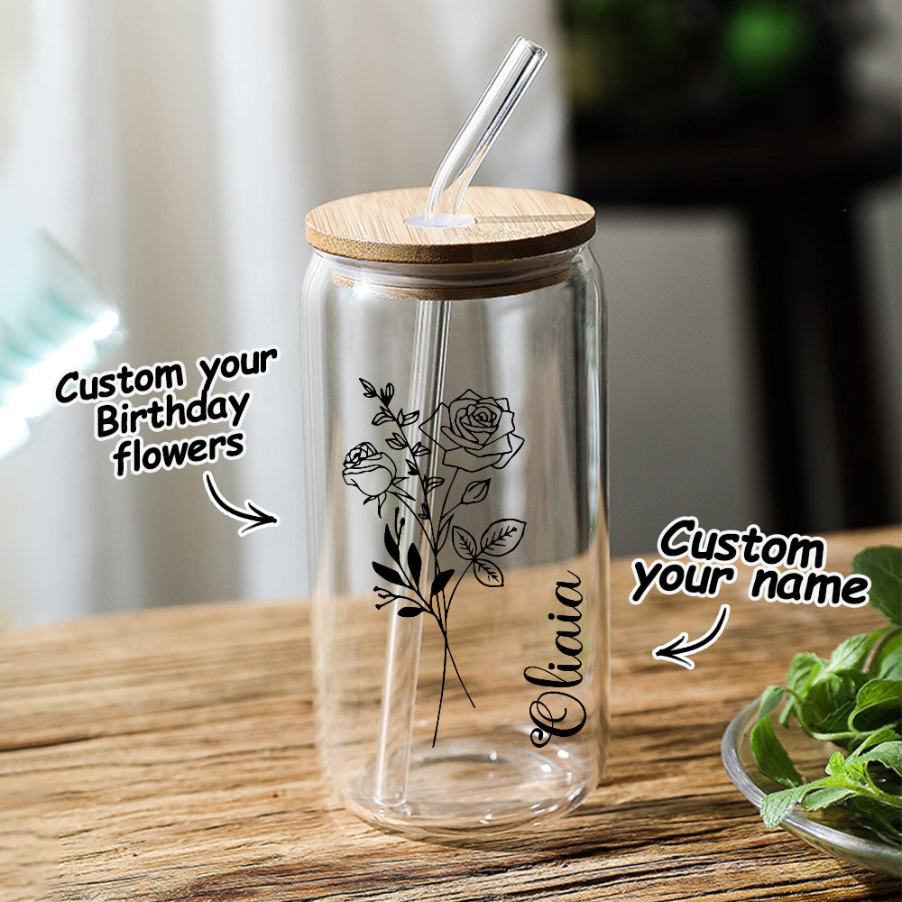 Personalized Name Glass Can with Birth Flower Custom Can Glass with Straw Gift for Mother Friends Family Bridesmaid Wedding Gifts