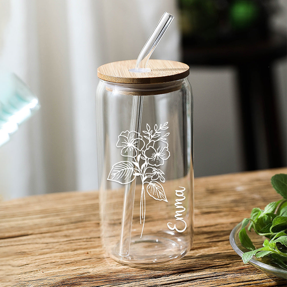 Personalized Name Glass Can with Birth Flower Custom Can Glass with Straw Gift for Mother Friends Family Bridesmaid Wedding Gifts