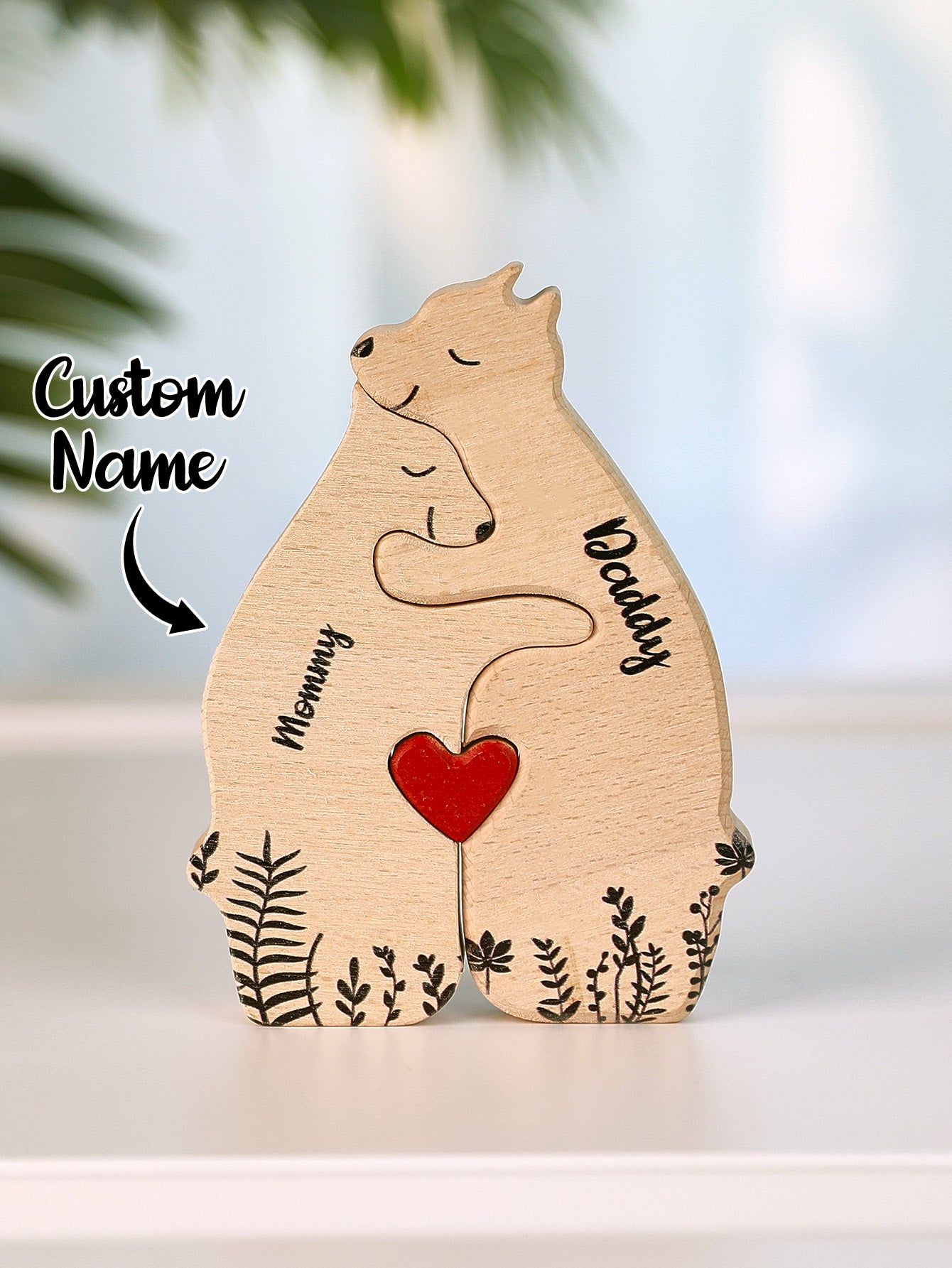 Custom Name Wooden Heart Bear Puzzle – Personalized Family Gift