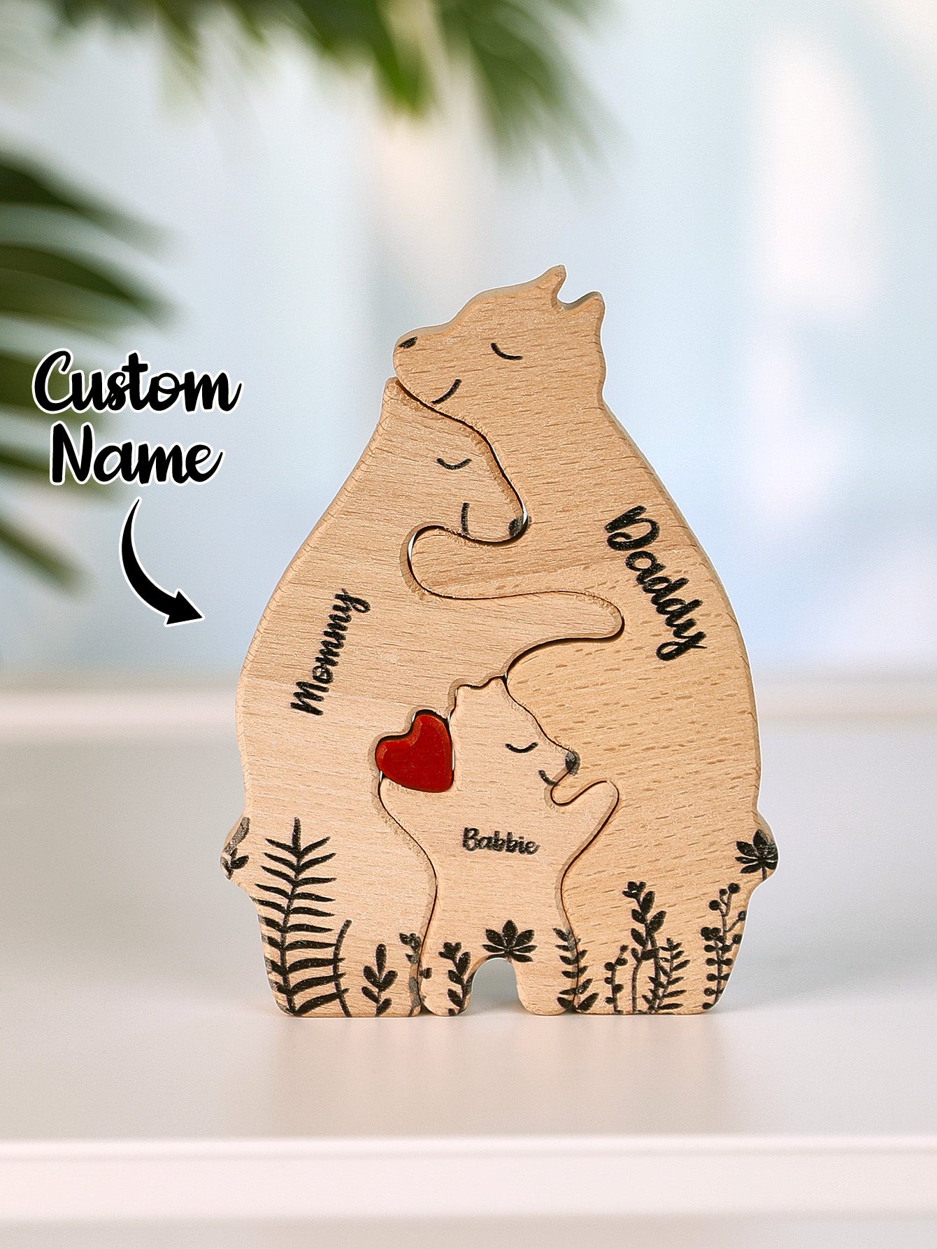 Custom Name Wooden Heart Bear Puzzle – Personalized Family Gift