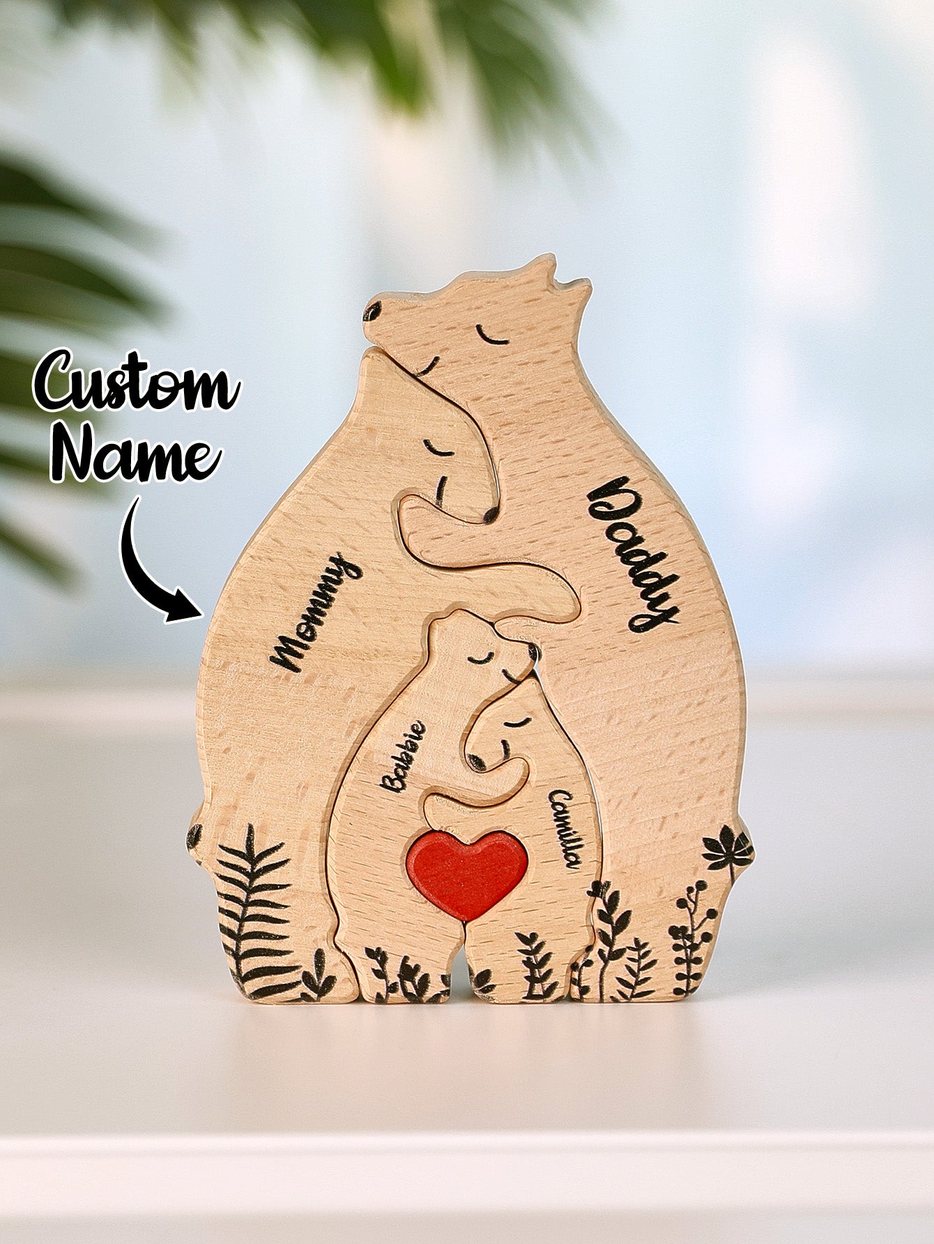 Custom Name Wooden Heart Bear Puzzle – Personalized Family Gift