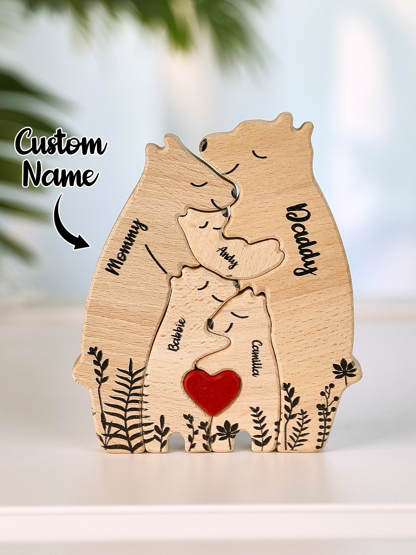 Custom Name Wooden Heart Bear Puzzle – Personalized Family Gift