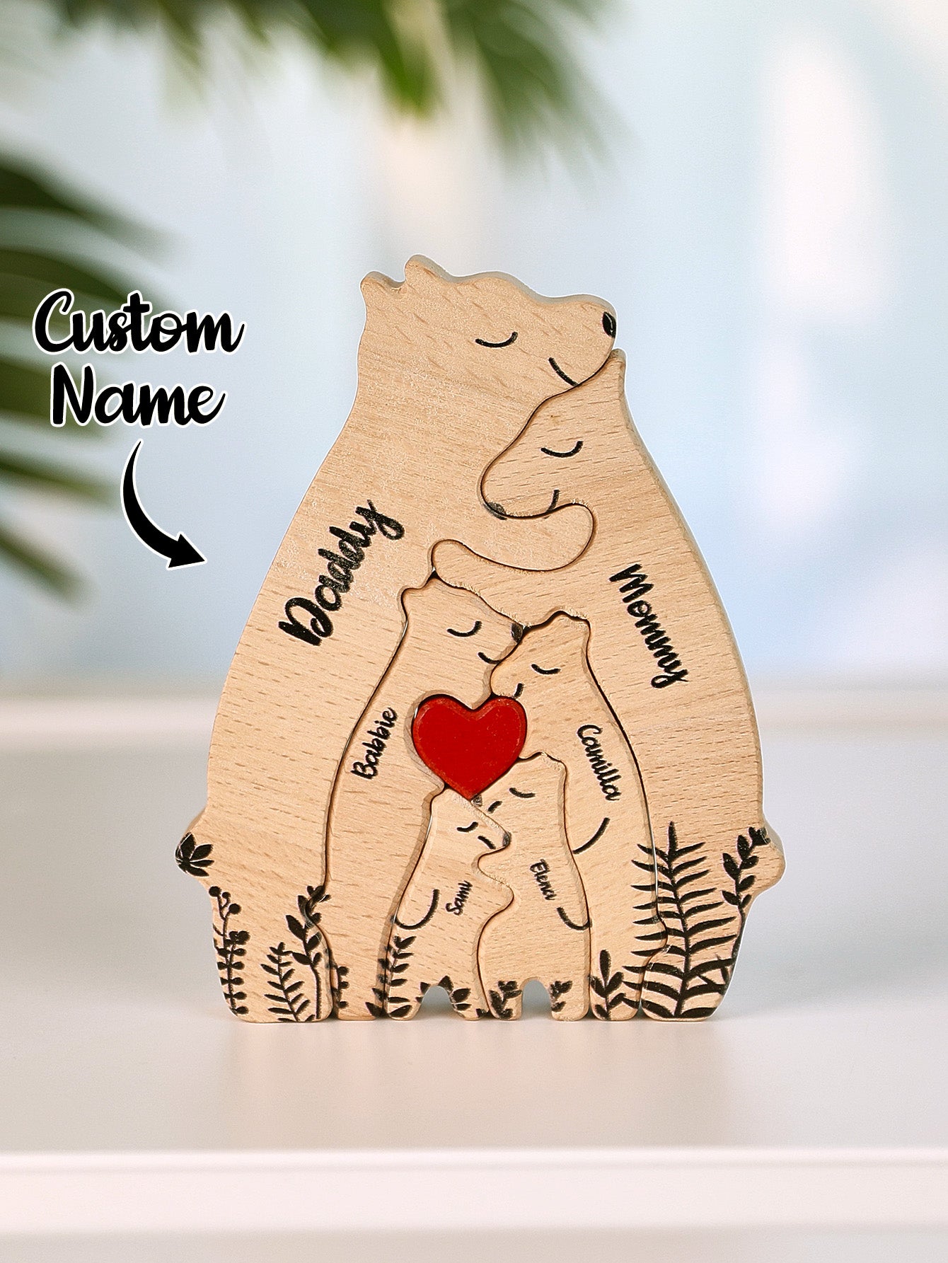 Custom Name Wooden Heart Bear Puzzle – Personalized Family Gift