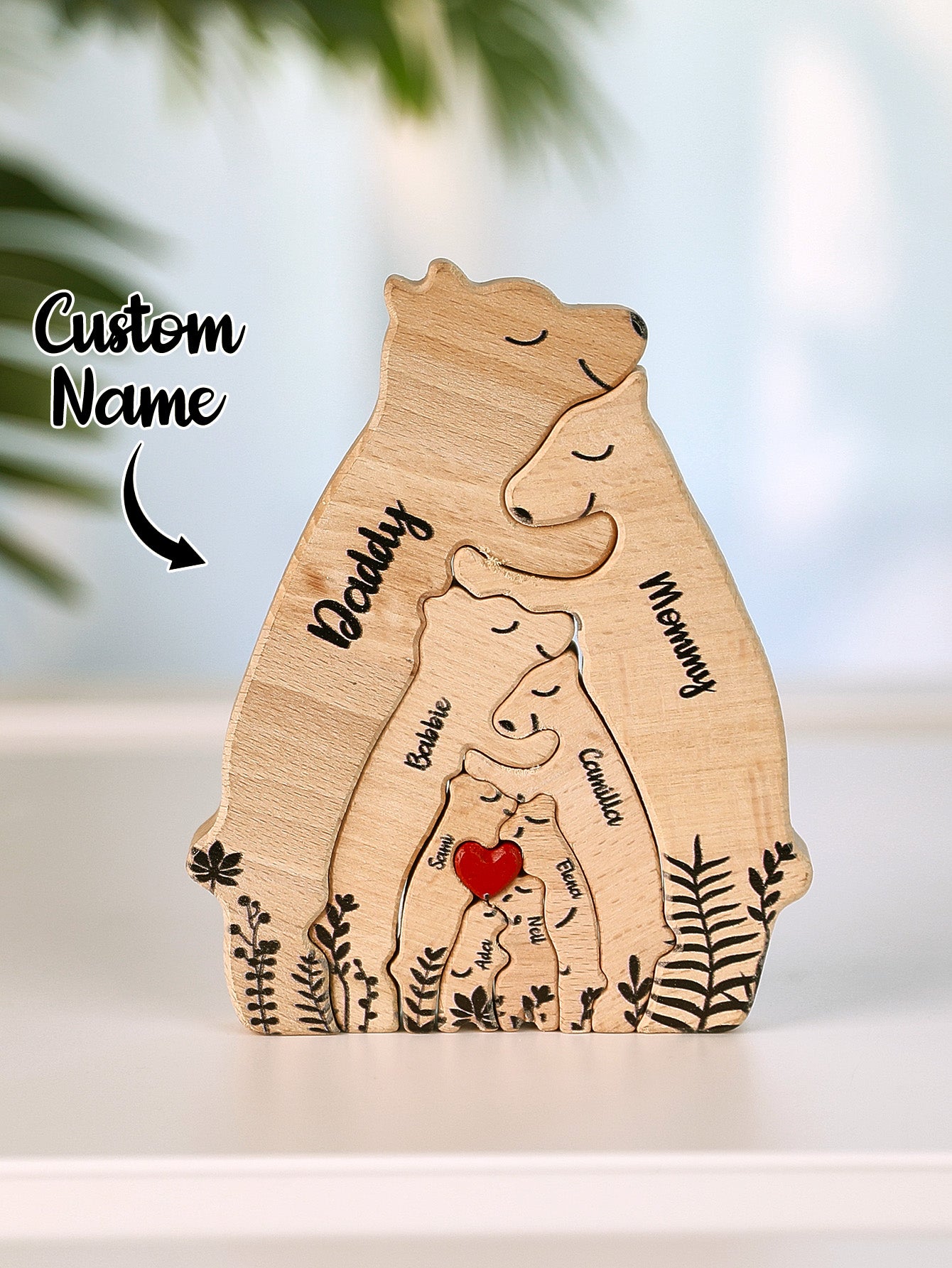 Custom Name Wooden Heart Bear Puzzle – Personalized Family Gift