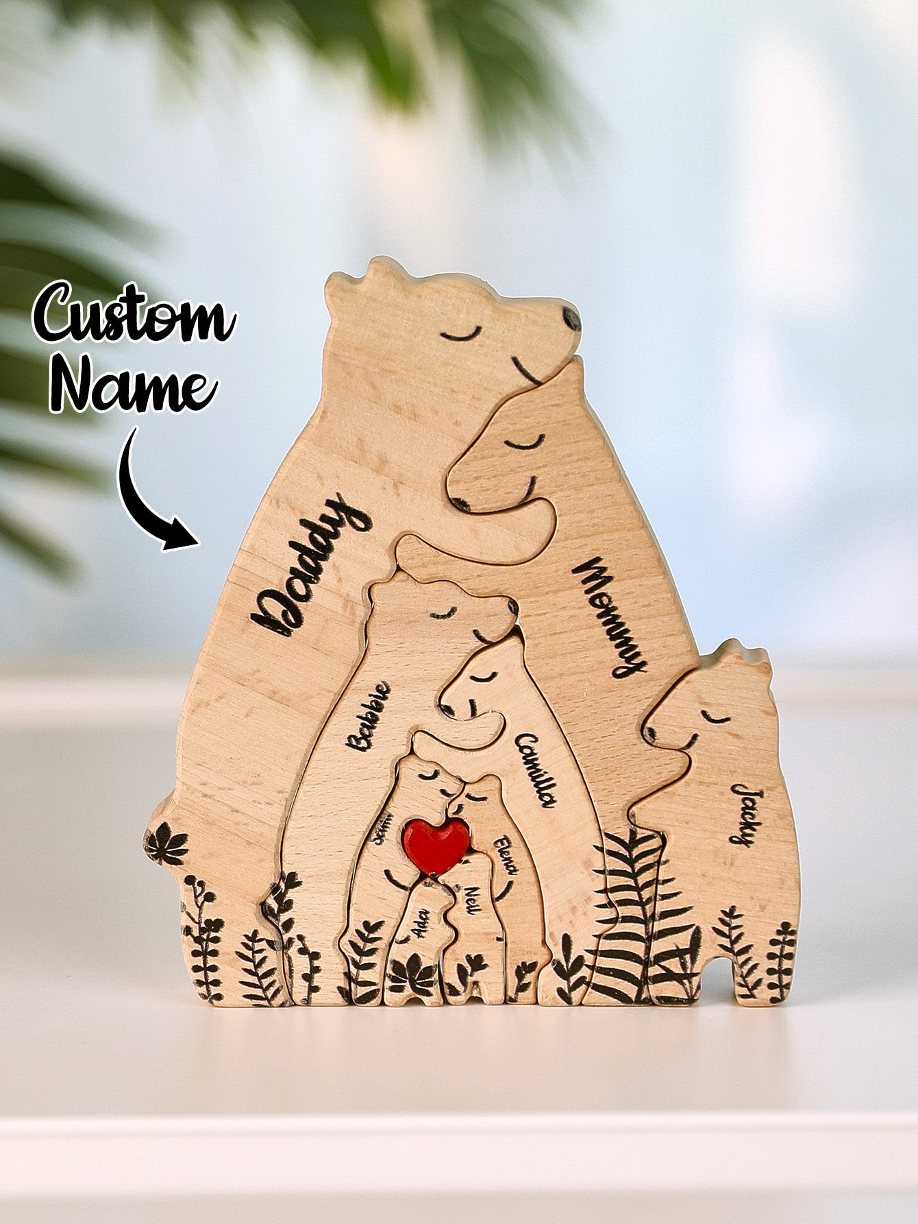 Custom Name Wooden Heart Bear Puzzle – Personalized Family Gift