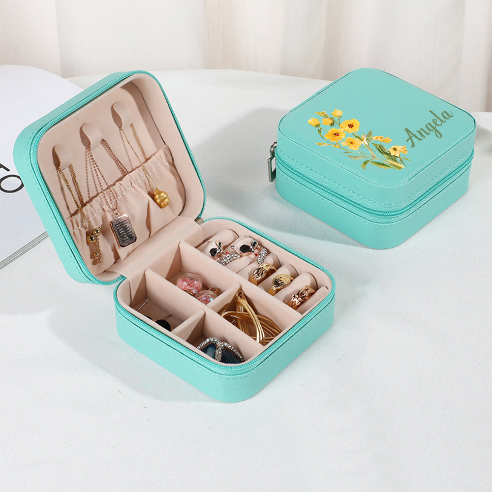 Personalized Name PU Leather Jewelry Box Birthflower Jewelry Organizer Gifts for Her Wedding Gift