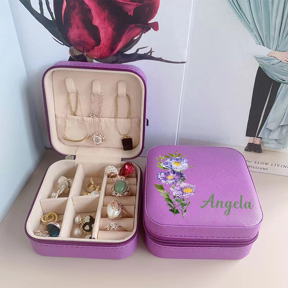 Personalized Name PU Leather Jewelry Box Birthflower Jewelry Organizer Gifts for Her Wedding Gift