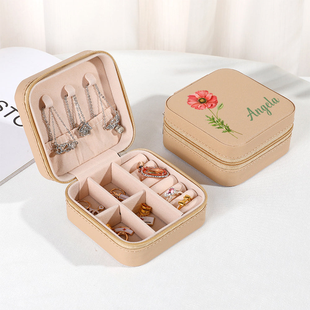 Personalized Name PU Leather Jewelry Box Birthflower Jewelry Organizer Gifts for Her Wedding Gift