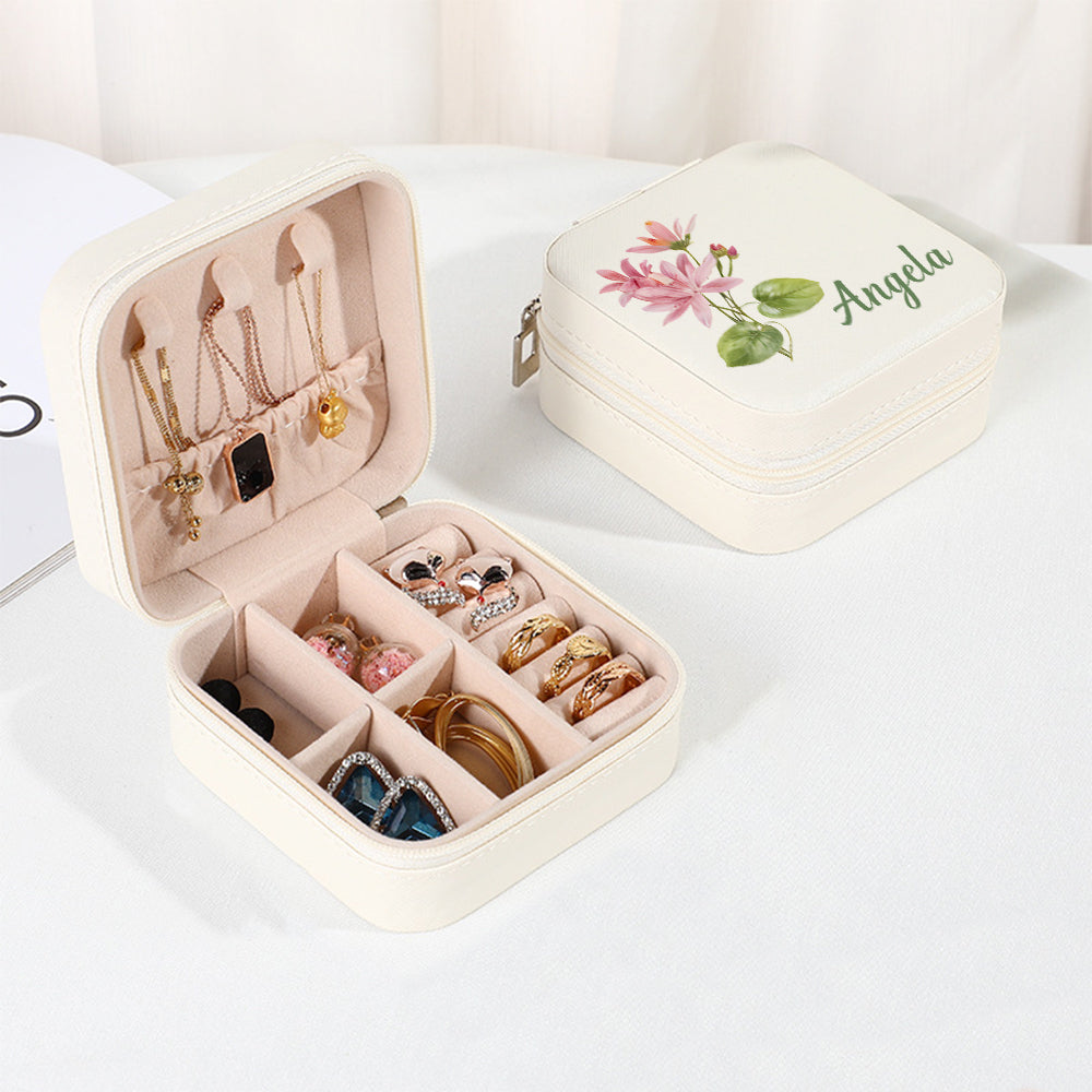 Personalized Name PU Leather Jewelry Box Birthflower Jewelry Organizer Gifts for Her Wedding Gift