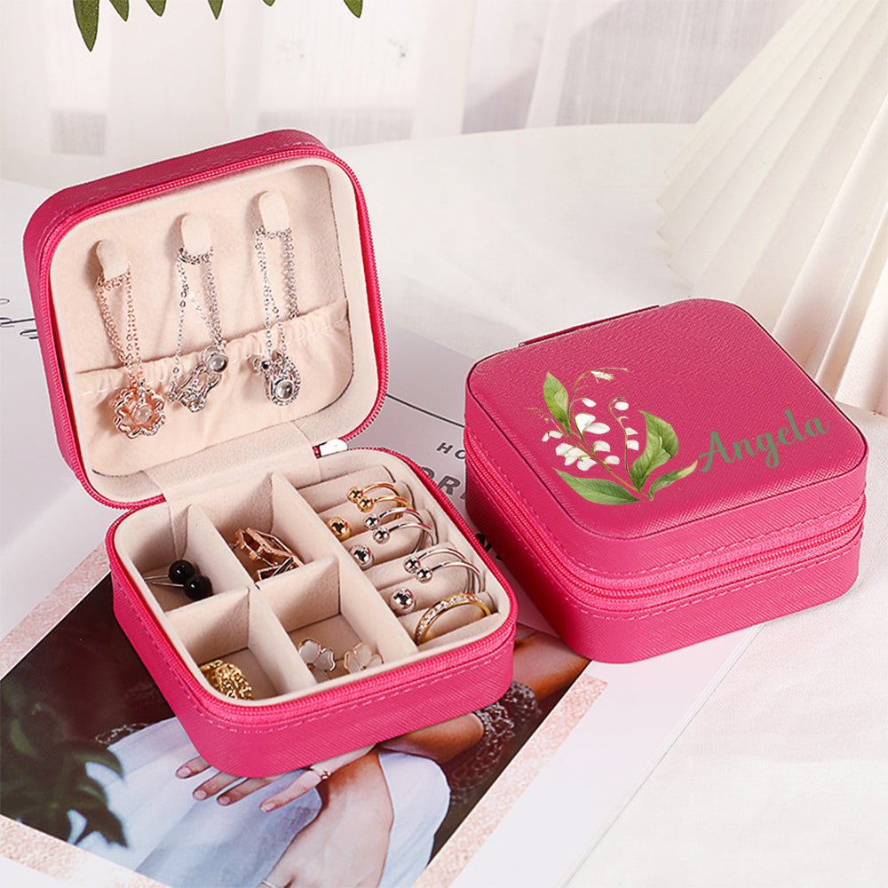 Personalized Name PU Leather Jewelry Box Birthflower Jewelry Organizer Gifts for Her Wedding Gift