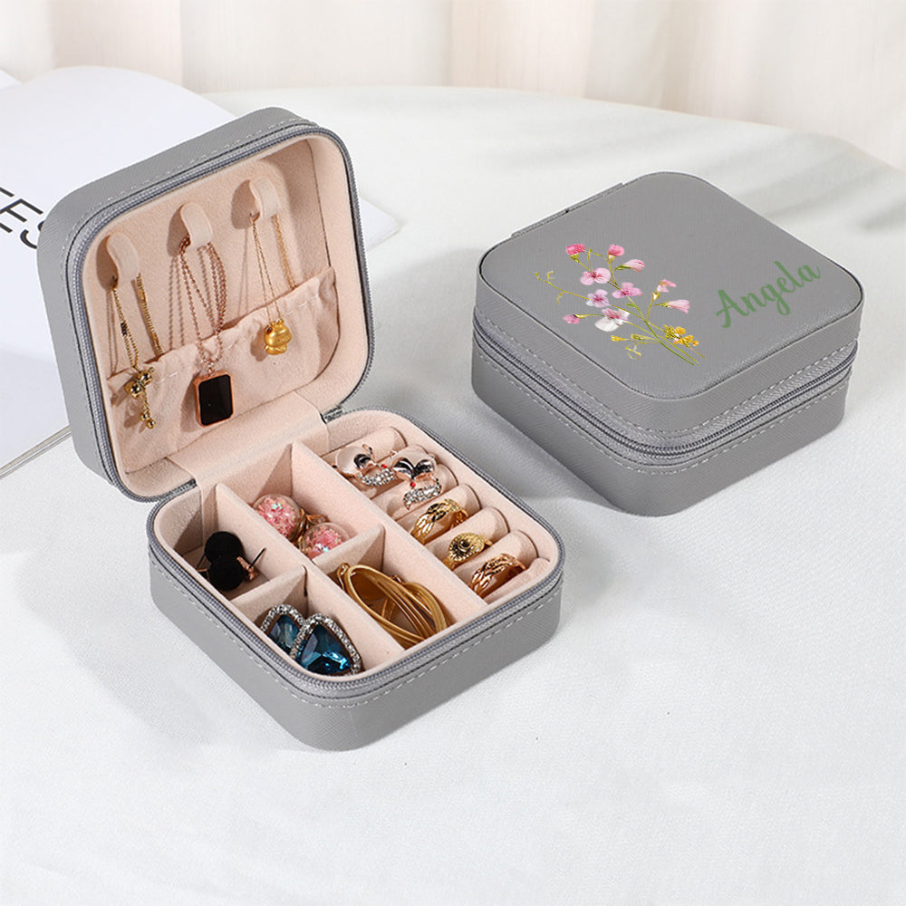 Personalized Name PU Leather Jewelry Box Birthflower Jewelry Organizer Gifts for Her Wedding Gift