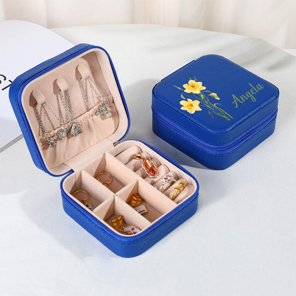 Personalized Name PU Leather Jewelry Box Birthflower Jewelry Organizer Gifts for Her Wedding Gift