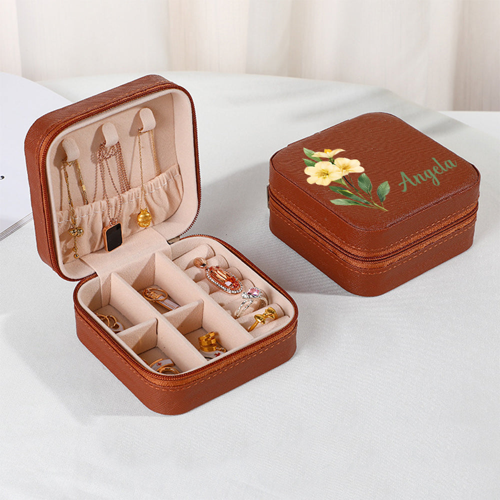 Personalized Name PU Leather Jewelry Box Birthflower Jewelry Organizer Gifts for Her Wedding Gift