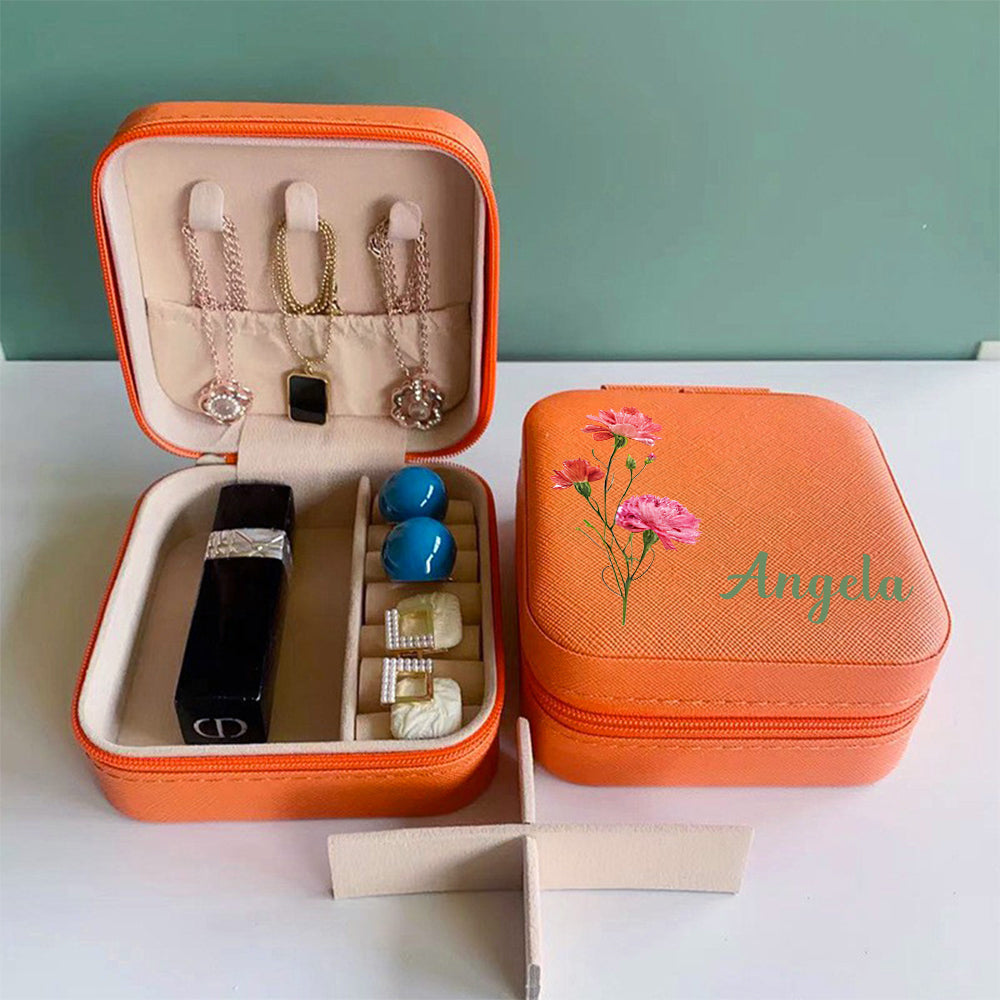 Personalized Name PU Leather Jewelry Box Birthflower Jewelry Organizer Gifts for Her Wedding Gift