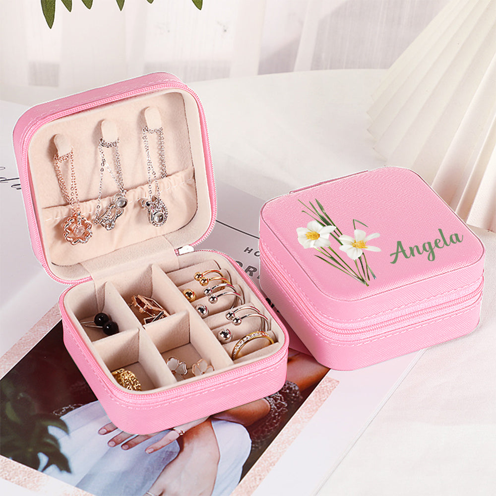 Personalized Name PU Leather Jewelry Box Birthflower Jewelry Organizer Gifts for Her Wedding Gift